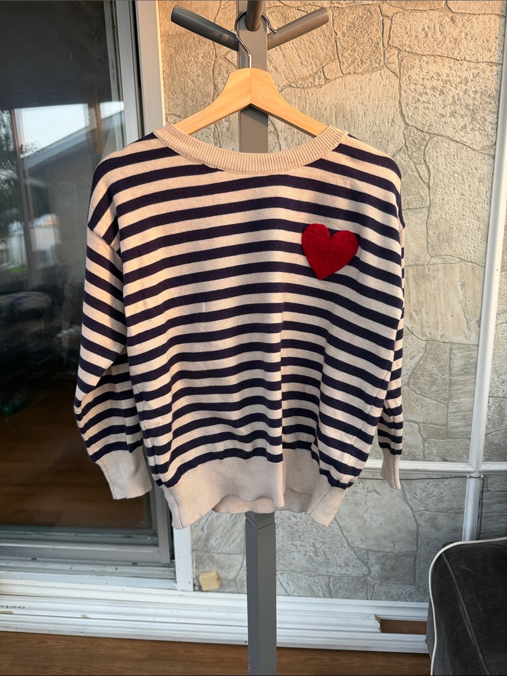 twik Navy & Cream Striped Crewneck Sweater with Red Heart Patch